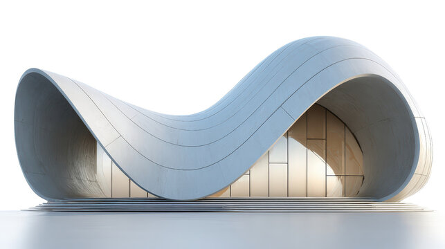 Futuristic 3D architectural building with curved surfaces, isolated on a Transparent background, PNG file.