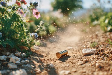 Close-Up View of a Spent Bullet Casing on a Dusty Path Surrounded by Colorful Wildflowers, Representing Nature and the Impact of Human Activity in the Environment