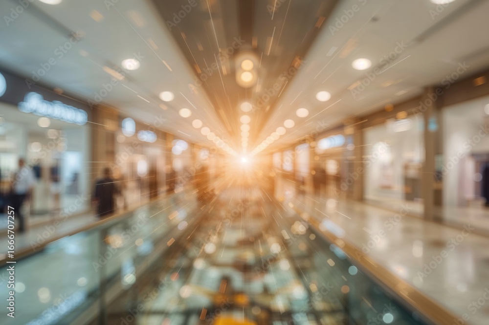 Poster blurred abstract background of a shopping center with glowing bokeh and light flare effects