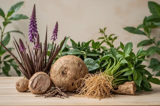 A selection of precious healing plants such as Purple Nutsedge, Poria cocos, Szechuan Lovage Rhizome, and Dangshen displayed collectively.