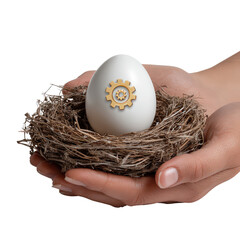 Unique Handheld Nest with Egg Featuring Gear Symbol for Creative Concepts in Innovation and Ideas