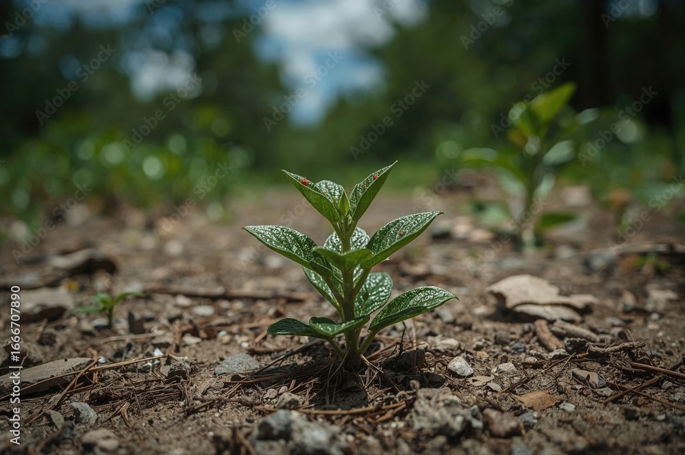 Poster a tiny sprout with bright red markings is breaking through the soil, displaying its unique character