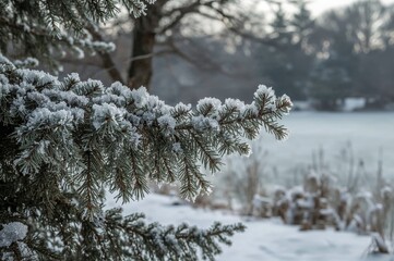 A wintery park scene featuring a spruce tree branch coated with frost