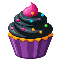 Black cupcake with white frosting illustration for baking and desserts