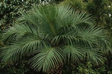 The Ranenala palm showcases elongated, thin leaves in a bright green shade, bringing an exotic natural element to its surroundings.