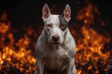 Fiery fierce bull terrier in blazing fire