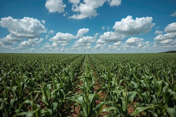 Fototapeta premium Green immature corn growing in a vast agricultural field under a clear blue sky