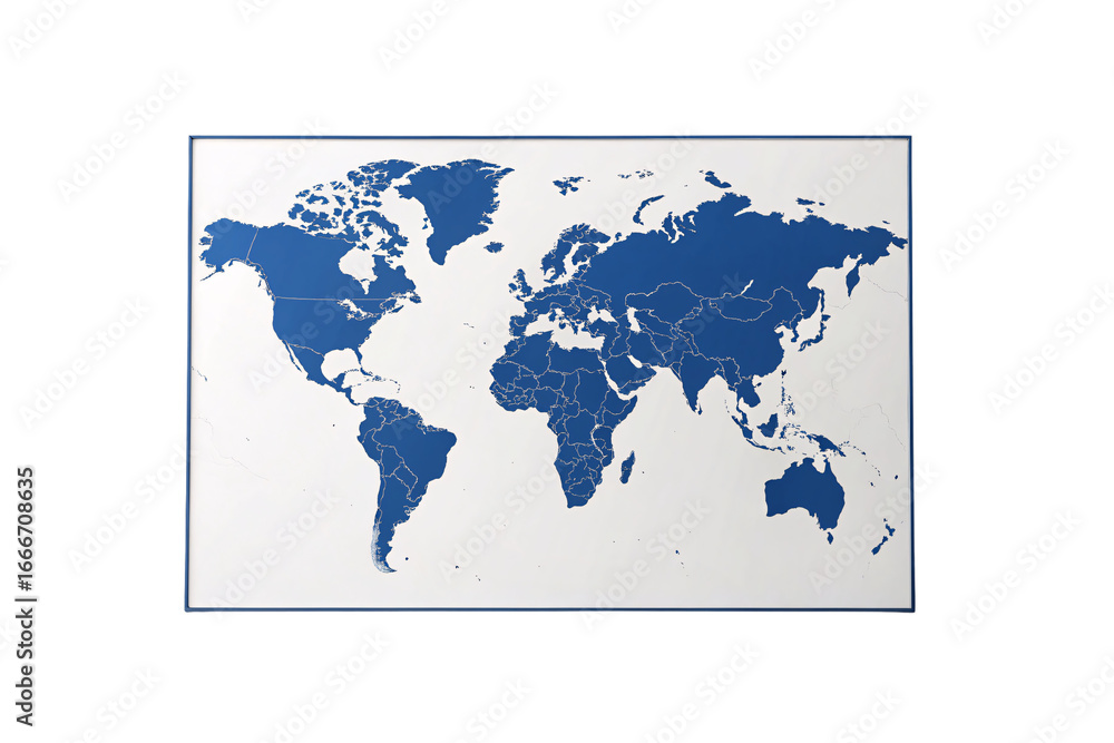 Poster blue world map with rectangular border frame showing global geography and political boundaries clear