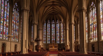 Fototapeta premium Cathedral interior architecture with stained glass windows and vaulted ceilings