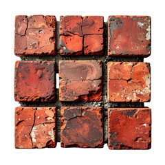 Distressed Red Brick Arrangement in Grid Pattern on transparent background