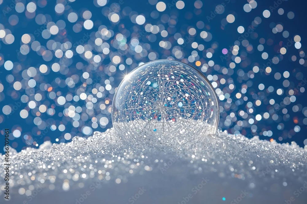 Poster a frozen sphere resting on snow with shimmering ice and vibrant bokeh as frost crystals develop on i