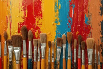 Obraz premium Oil paint abstract background featuring bristle brushes in red, yellow, blue, and brown hues.