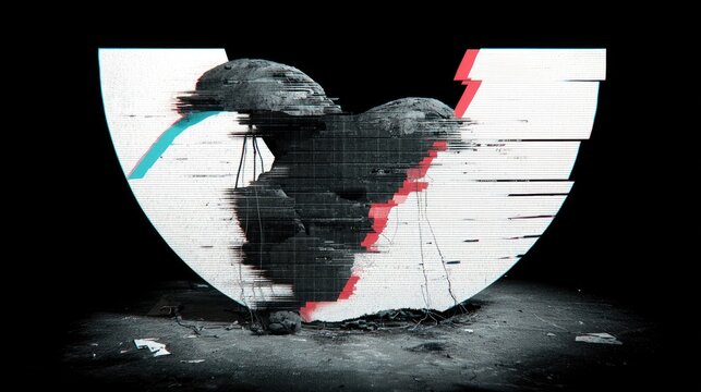 Abstract digital art of fragmented, distressed figures within a stylized, fragmented, V-shaped frame - Powered by Adobe