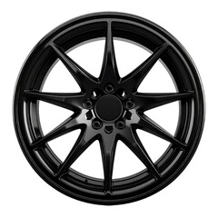 Sleek black alloy car wheel design showcased in meticulous detail on transparent background