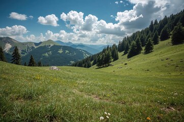 Stunning highland landscape under the summer sun with lush alpine meadows