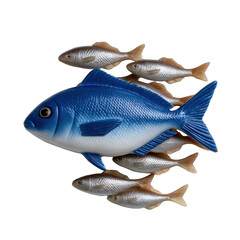 Colorful Blue Fish Swimming Among Smaller Fish in a Vibrant Ocean Scene