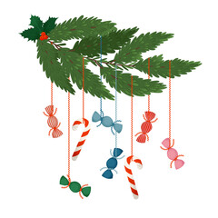 Christmas Fir Twig with candies hanging. Vector illustration in trendy retro style