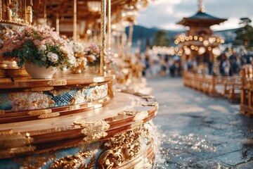 Naklejka premium Elegant Traditional Festival Scene with Beautiful Floral Arrangements and Ornate Decorations that Captures the Spirit of Celebration in Vibrant Atmosphere