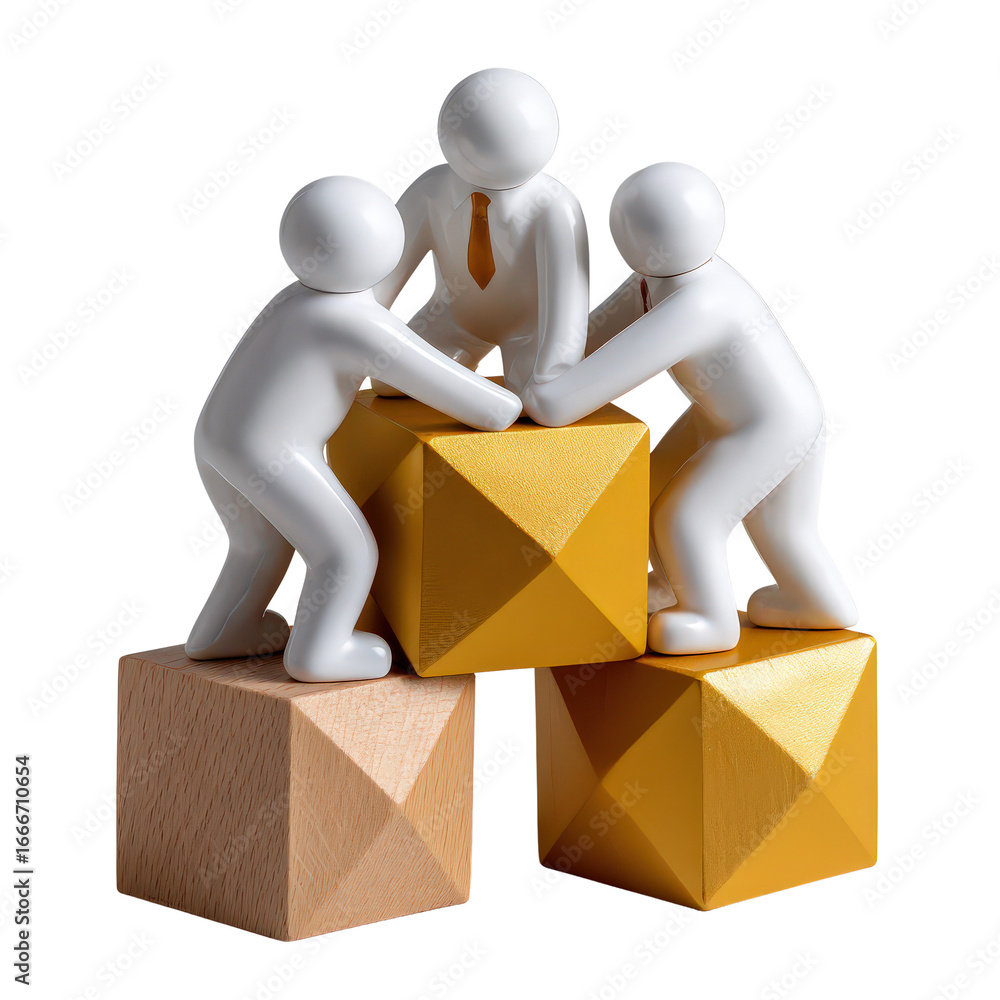 Poster Teamwork Concept with Figurines Collaborating on Colorful Blocks for Business Strategy and Success Visualization