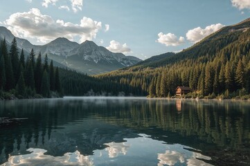 A peaceful alpine lake featuring a cabin surrounded by thick pine forests, with mountain hills in the background beneath a partly cloudy sky