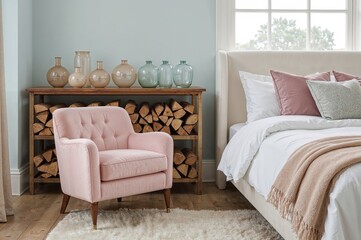 A soft pastel bedroom features a powder pink armchair beside a wood-filled shelf and elegant glass vases.
