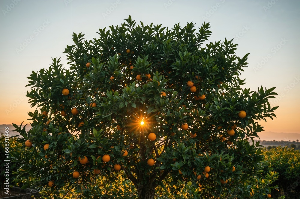 Aufkleber a big orange tree covered in leaves about to drop them with the sun setting in the background causin