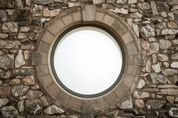 A round window embedded in a stone building wall