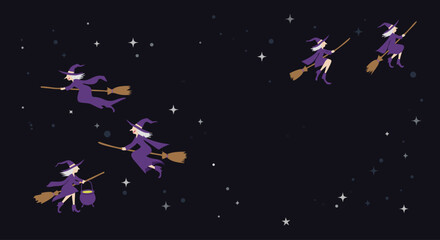 Flying witches on broomstick Halloween night spooky vector illustration 
