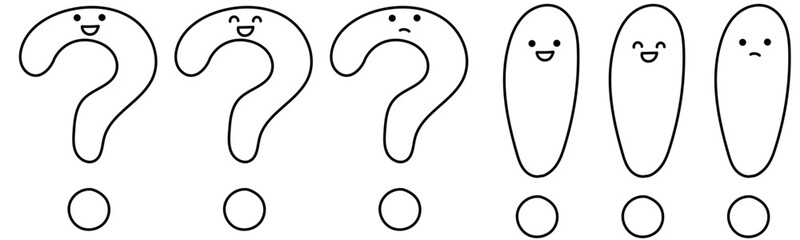 かわいいはてなとびっくりマークのキャラクター表情セット（黒線のみ）