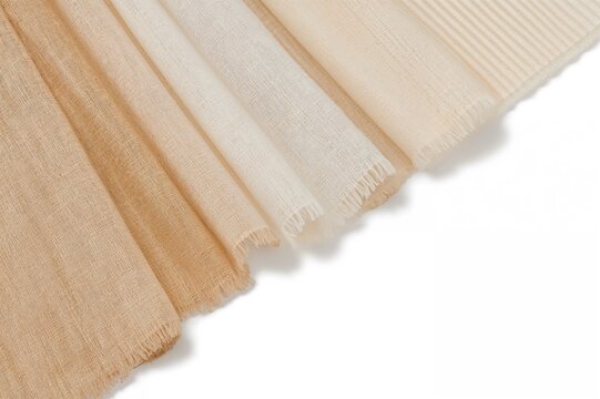 Collection of beige striped linen textiles for curtains and tulles on a white backdrop