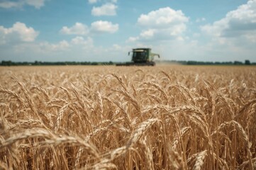 Fototapeta premium Golden wheat or rye field ready for harvest with dry grains. Summer farming and nature landscape concept.