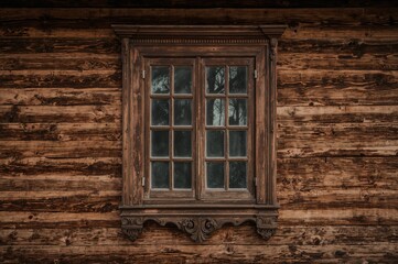 Vintage window set in aged wooden structure. Wooden wall background