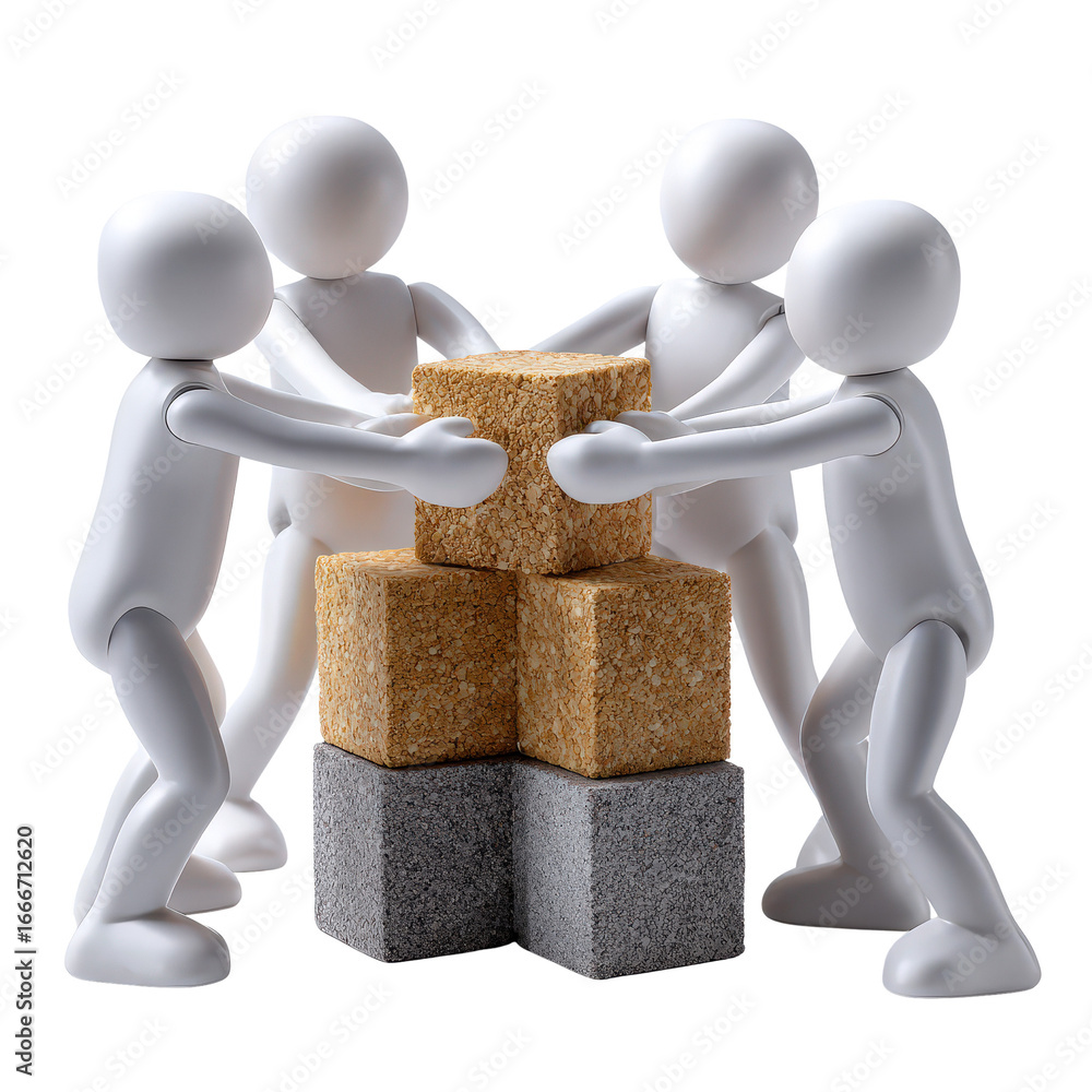 Poster collaborative teamwork concept with 3d figures building with colorful blocks in a creative setting