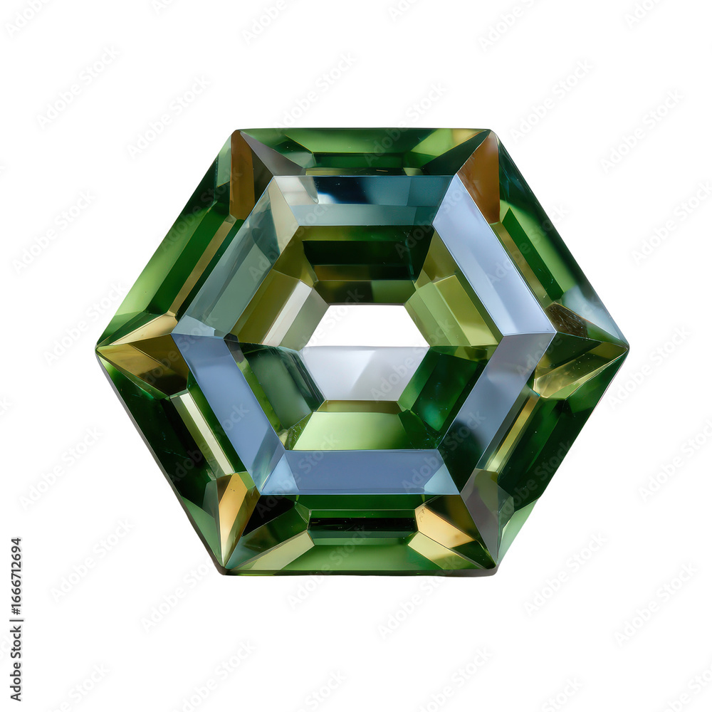 Poster colorful hexagonal gem with reflections and distinctive angles in emerald and blue tones