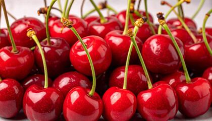 Ripe red cherry with green stem close up macro photo showing fresh juicy fruit with glossy skin and natural texture in bulk arrangement for healthy snack or dessert