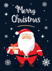Christmas greeting card with Santa Claus gifts, snowflakes, and festive decorations. Holiday vector design for winter celebrations
