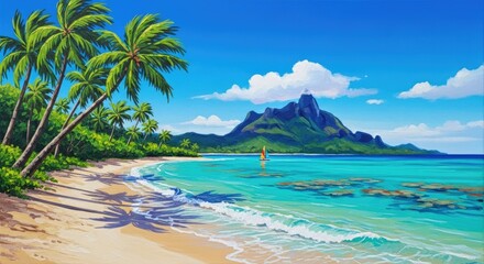 Naklejka premium Tropical island beach with turquoise water, palm trees, and a mountain backdrop.
