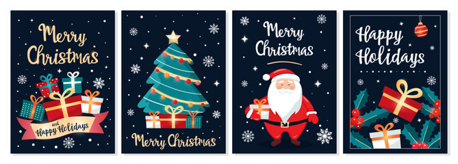 Set of Christmas greeting cards with Santa Claus, Christmas tree, gifts, holly, snowflakes, and festive decorations. Holiday vector design for winter celebrations