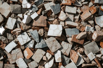 Stacks of fragmented, fractured, and smashed tiles. Outdoor accumulation of industrial construction debris carelessly discarded. texture, design, construction, building, wall