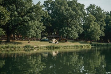 Obraz premium Scenic park with a welcome center and lakeside campsites at a natural study and ecotourism location. Morning tent setup for an outdoor adventure trip.