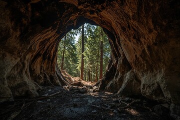 A bolt of lightning burned the inside of a hollow tree within a dense forest.