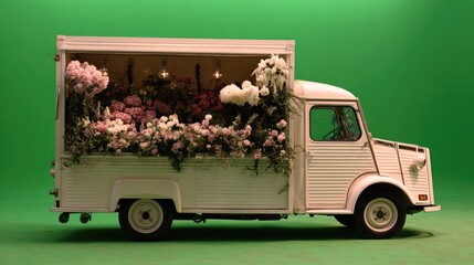 Vintage flower truck on green screen