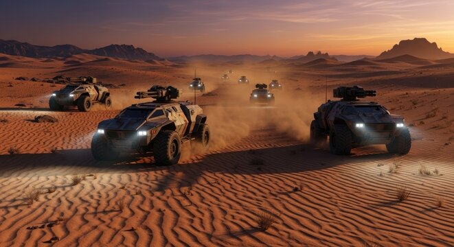 Desert off road all terrain vehicle convoy under golden sunset