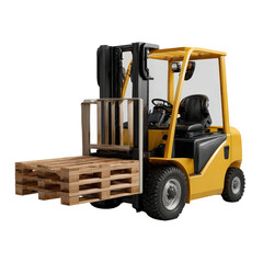 Yellow Forklift with Wooden Pallets Ready for Transportation in Warehouse or Industrial Setting