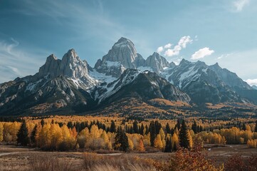 A scenic view of snowy autumn mountains through a window, featuring colorful leaves and hiking trails