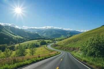 Naklejka premium A rural road under a sunny, cartoon-like sky