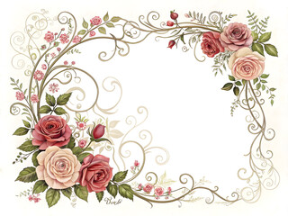 Romantic floral frame with roses and butterflies for wedding or greeting card design