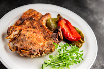 Steak pork barbecue meat tasty snack fresh delicious gourmet food background on the table rustic food top view copy space