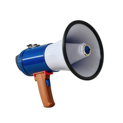 Vibrant Blue and White Megaphone with Wooden Handle for Announcements and Signaling in Public Spaces