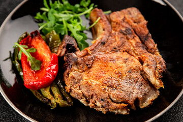 Steak pork barbecue meat tasty snack fresh delicious gourmet food background on the table rustic food top view copy space